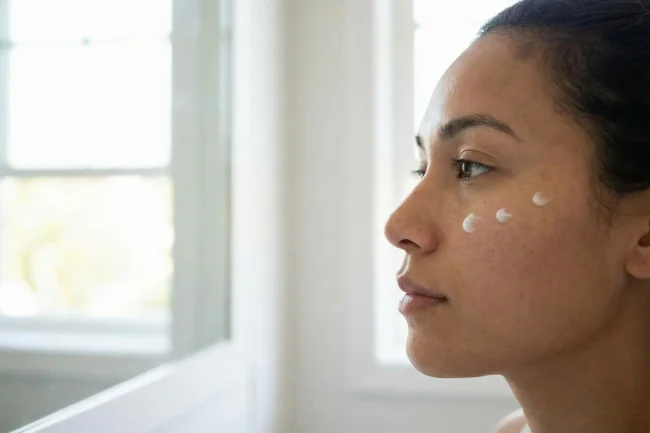 A person applying moisturizer specifically to their cheeks to manage oily areas, demonstrating a customized Morning Skin Care routine for combination skin.