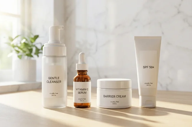 A morning-themed product lineup for a daily Cruelty-Free Skin Care routine featuring a cleanser, Vitamin C serum, moisturizer, and SPF on a bright, sunny vanity.
