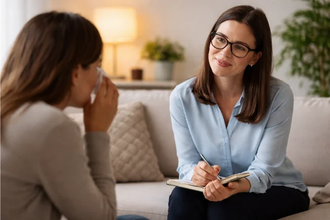 Therapist offering emotional validation and compassionate support during a private counseling session