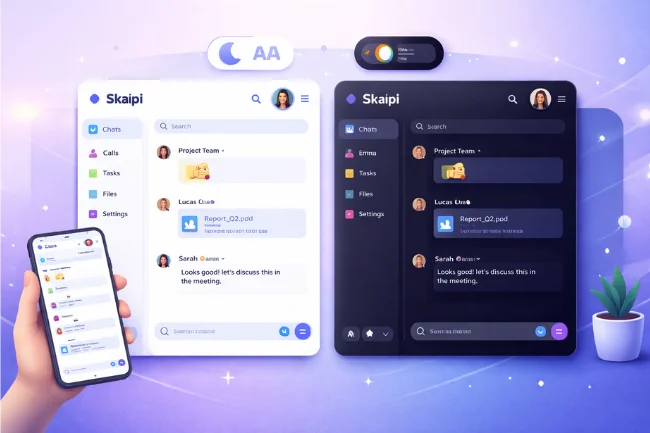 Skaipi user interface showing light mode and dark mode design