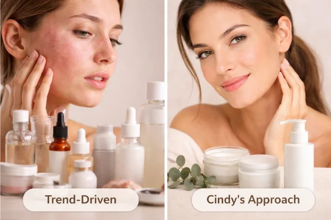 Cindy Crawford Skin Care comparison showing calm minimal routine versus trend-driven skincare overload