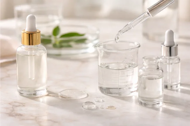High-End Skin Care ingredients and laboratory formulation process with premium glassware