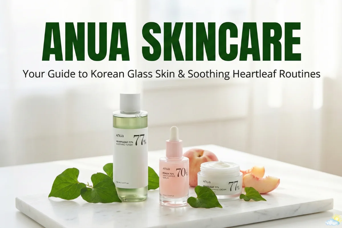 Anua Skincare products including Heartleaf 77% Soothing Toner and Peach 70% Niacinamide Serum on a minimalist white marble background.