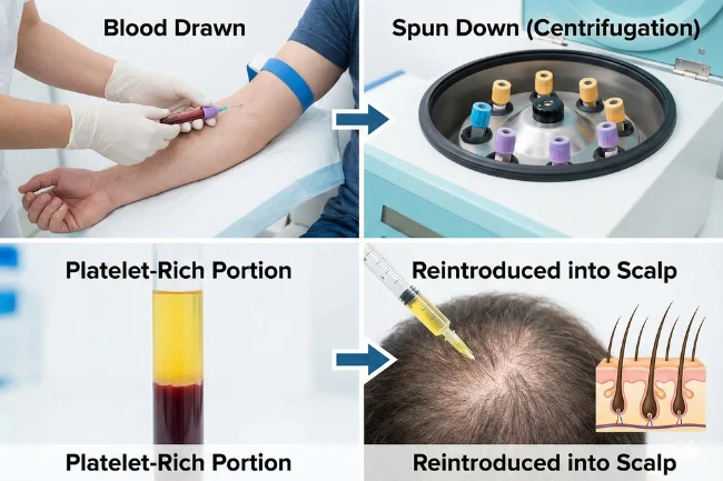 PRP for Hair Restoration & Hair Loss in Nashville process showing blood draw, centrifugation, platelet-rich plasma, and scalp application