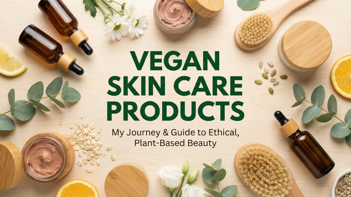 Vegan Skin Care Products displayed in a flat lay with botanical leaves, amber glass bottles, and natural ingredients on a light wood background.