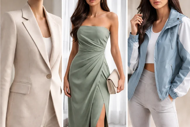 Chromtex fabric showcased in tailored blazer, structured dress, and performance streetwear styles