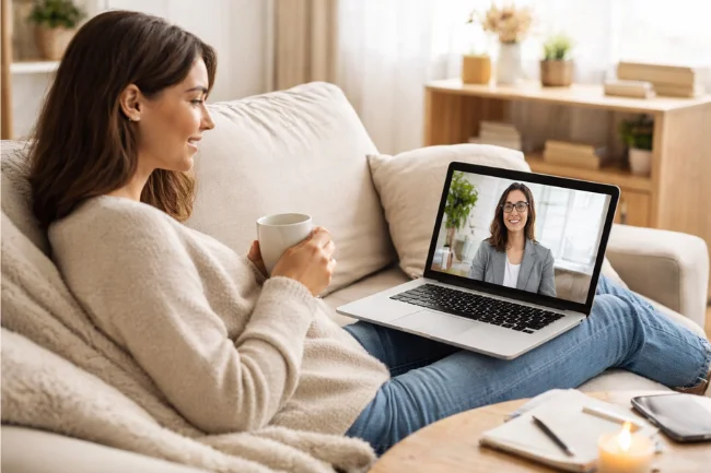 Therapist providing online support during a virtual therapy session with a client relaxing at home