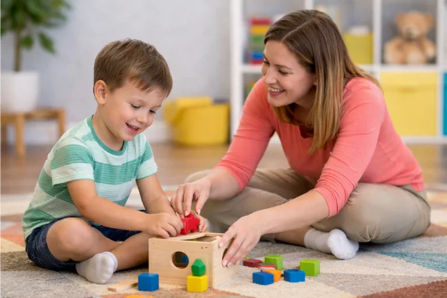 ABA Therapy session showing short, calm, play-based interaction between therapist and child