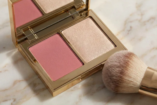 Gold compact featuring blush and Highlighter with a soft makeup brush on a marble surface