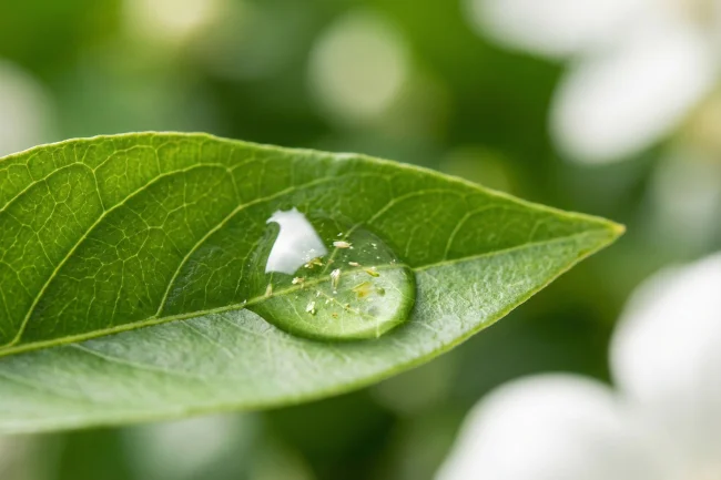 A macro close-up of a botanical serum droplet on a fresh green leaf, representing the potency of Vegan Skin Care Products.