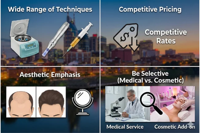 PRP for Hair Restoration & Hair Loss in Nashville showing technique variety, competitive pricing, aesthetic focus, and medical versus cosmetic PRP services