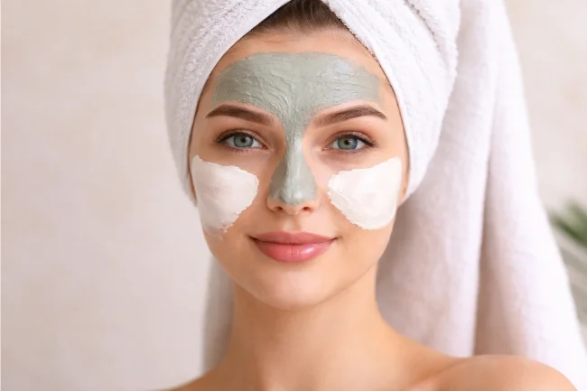 Combination Skin Care Routine showing multi-masking with clay mask on T-zone and hydrating mask on cheeks