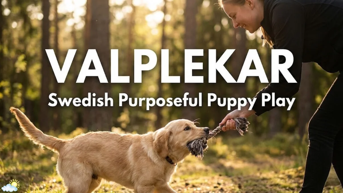 A golden retriever puppy engaged in Valplekar with its owner in a sunlit Swedish forest, featuring the bold text Valplekar and Swedish Purposeful Puppy Play.