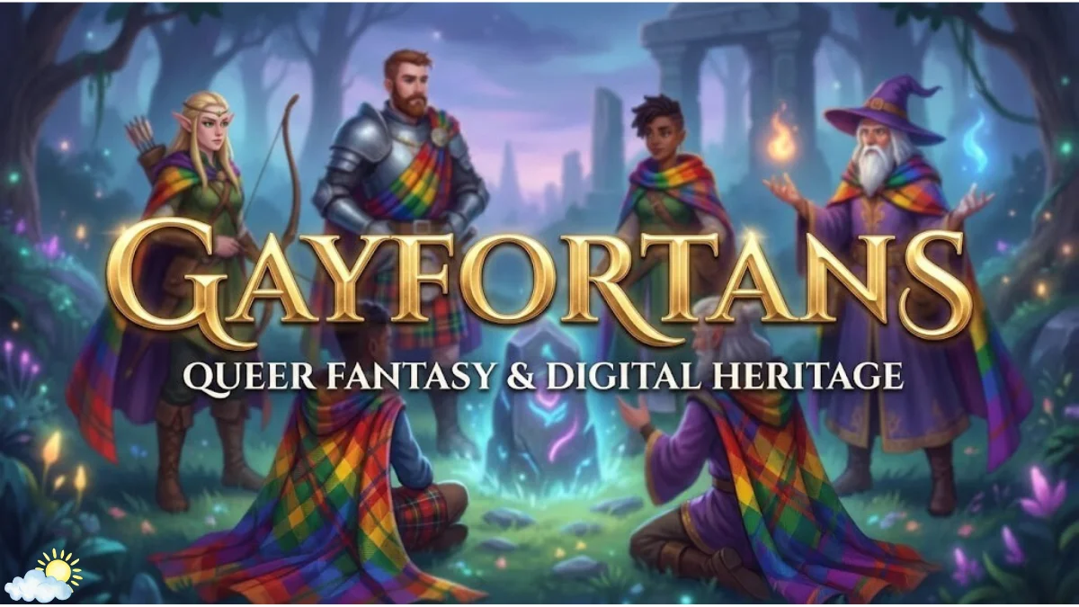 A diverse group of fantasy characters, including an elf, a knight, and a wizard, wearing colorful rainbow-patterned tartans in an enchanted forest setting with the bold text Gayfortans and the subheading "Queer Fantasy & Digital Heritage."