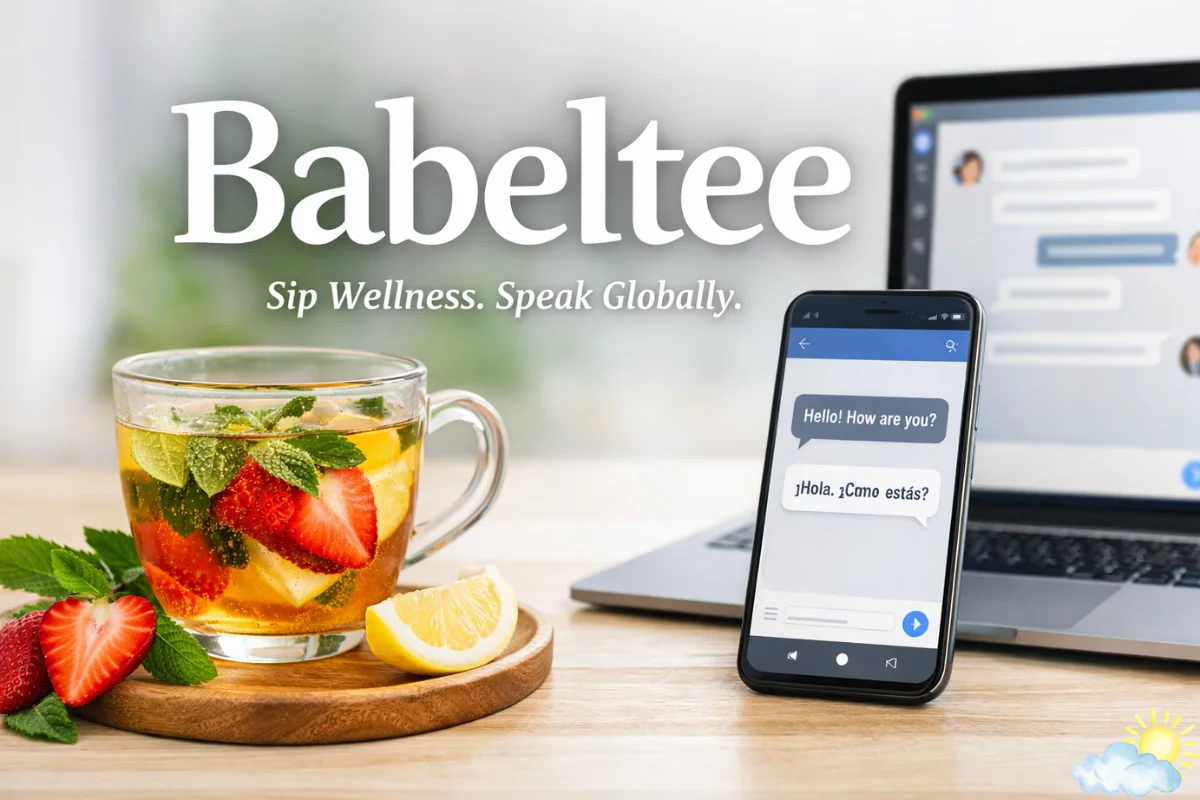 Babeltee featured image showing a modern tea drink and AI-powered global communication concept