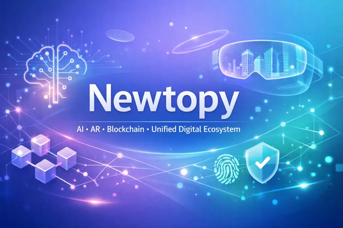 Newtopy digital ecosystem illustration showing AI, AR, and blockchain integration