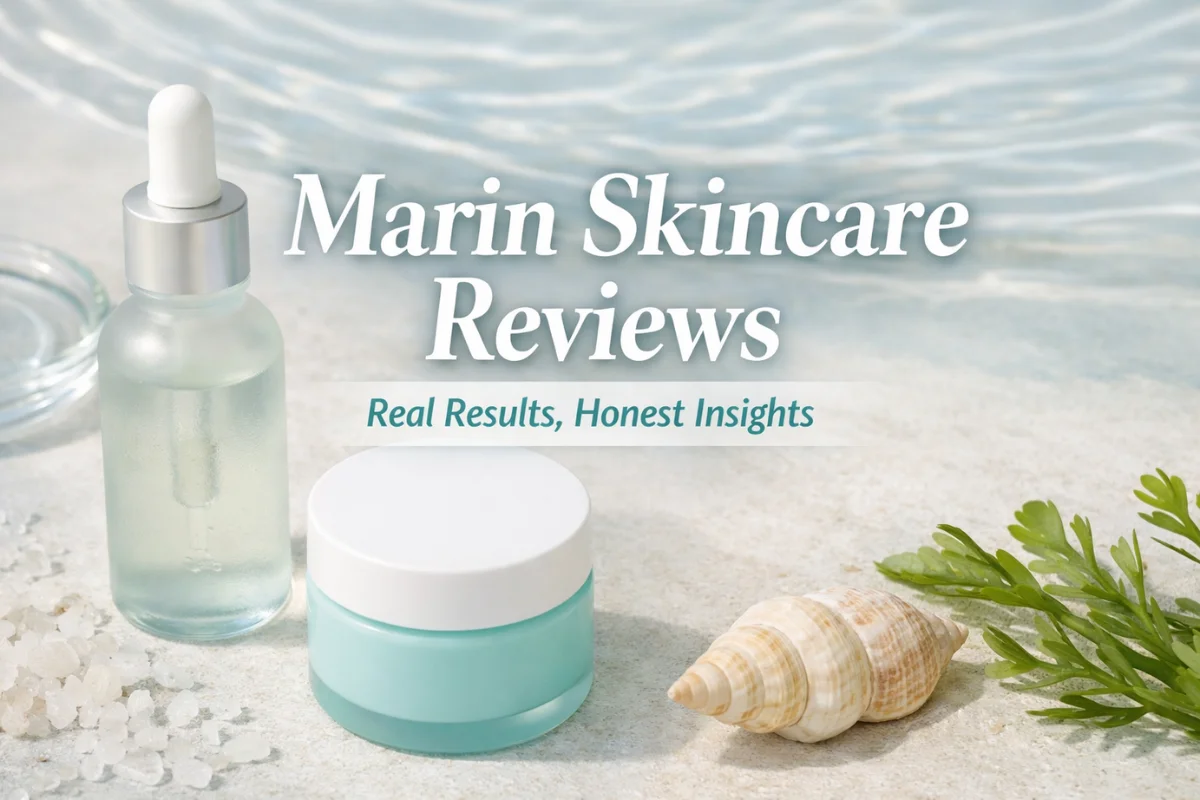 Marin Skincare Reviews featured image showing ocean-inspired skincare products with clean, minimalist design