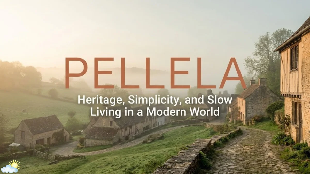 A serene, misty rural village with stone cottages and winding paths, featuring the prominent keyword Pellela in terracotta typography, representing heritage and the slow living movement.