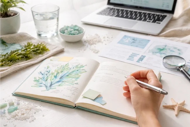 Marin Skincare Reviews research image showing marine botanicals, notes, and skincare ingredient study setup