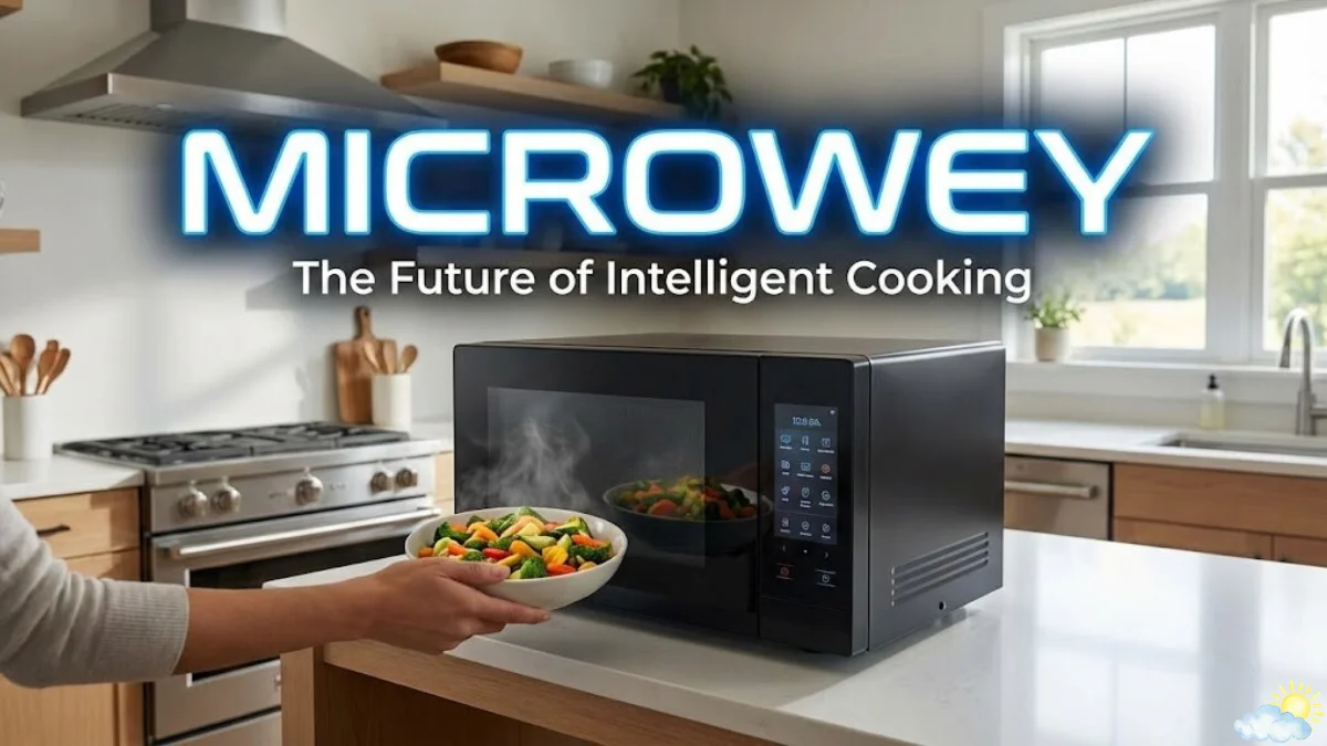 A modern kitchen featuring a high-tech Microwey smart microwave on a white countertop with a bowl of steaming vegetables.