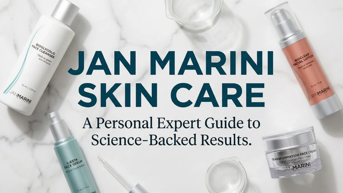 Jan Marini Skin Care products including Bioglycolic Face Cleanser, C-ESTA Serum, and Bioclear Lotion on a professional marble background.