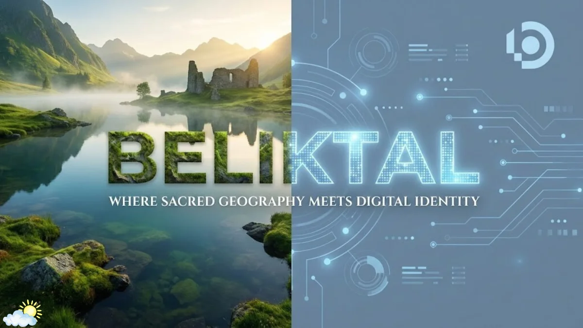 Beliktal: A split-screen visual exploring the dual identity of a misty mountain lake destination alongside a modern digital branding concept.