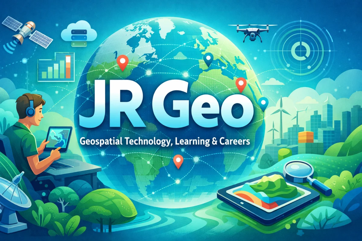 JR Geo featured image showing a connected globe with geospatial technology, data networks, education, and career elements