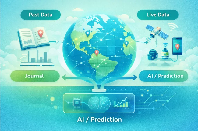 JR Geo real-time geospatial intelligence framework showing past data, live data streams, and AI-powered predictions