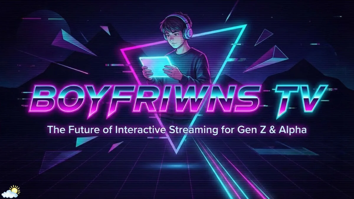 A high-tech digital graphic for Boyfriwns TV featuring a Gen Z viewer with headphones and a tablet against a vibrant neon glitch background.