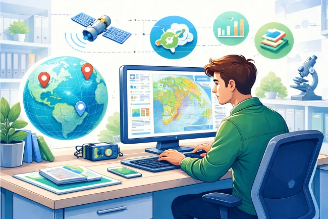 JR Geo career path illustration showing a junior geoscience professional analyzing maps and spatial data on a computer