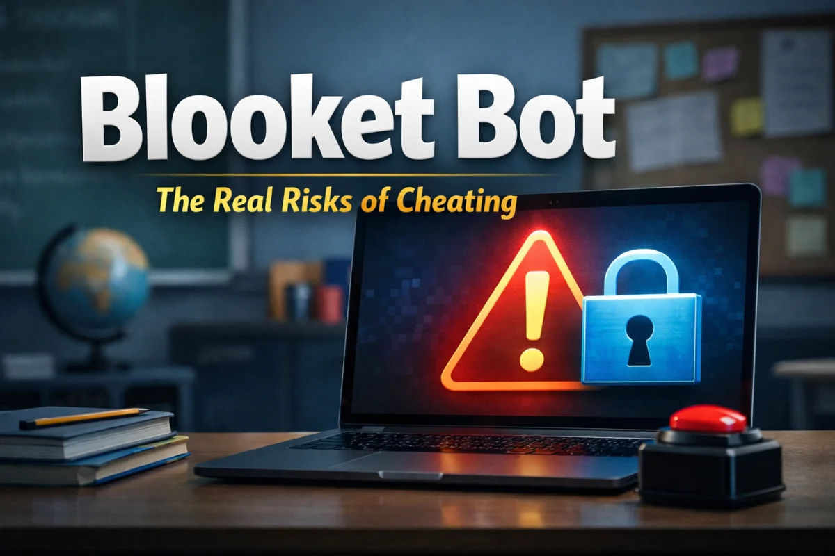 Blooket bot warning image showing laptop with security alert and lock symbol in an educational classroom setting