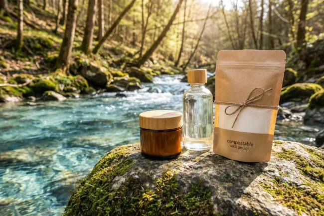 Eco-friendly Vegan Skin Care Products in sustainable glass and bamboo packaging sitting on natural moss.