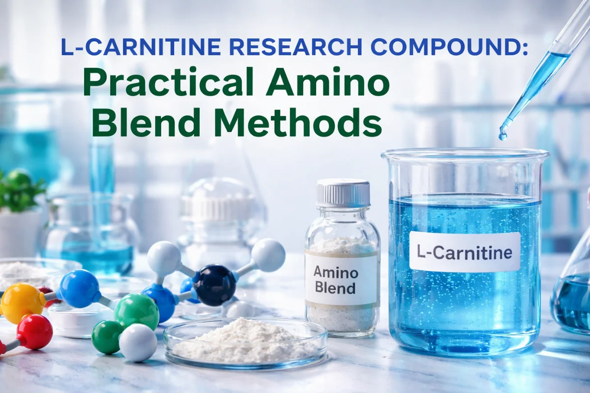L-Carnitine Research Compound shown in a laboratory amino blend setup with labeled beaker, molecular model, and research materials