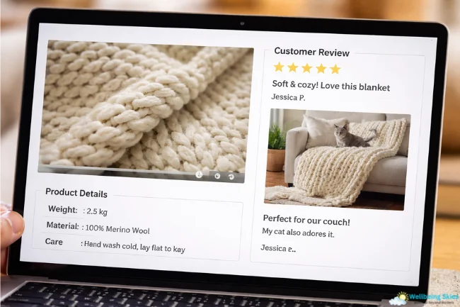 Knit Blanket Online product page showing detailed specs, close-up texture view, and real customer review with home photo.