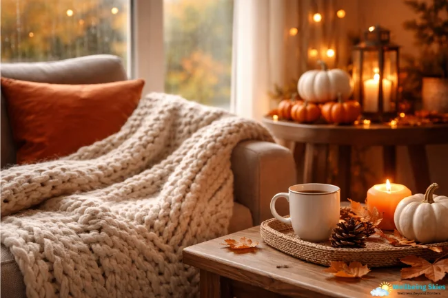 Cozy autumn living room scene featuring a chunky throw purchased as a Knit Blanket Online draped over a sofa.