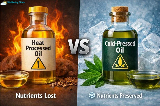 Superfoods in Australia comparison showing heat processed oil vs cold-pressed oil with nutrients lost vs preserved.